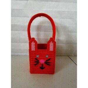 Mini Easter Basket with Orange Bunny – Colorful Plastic Canvas Handmade Gift